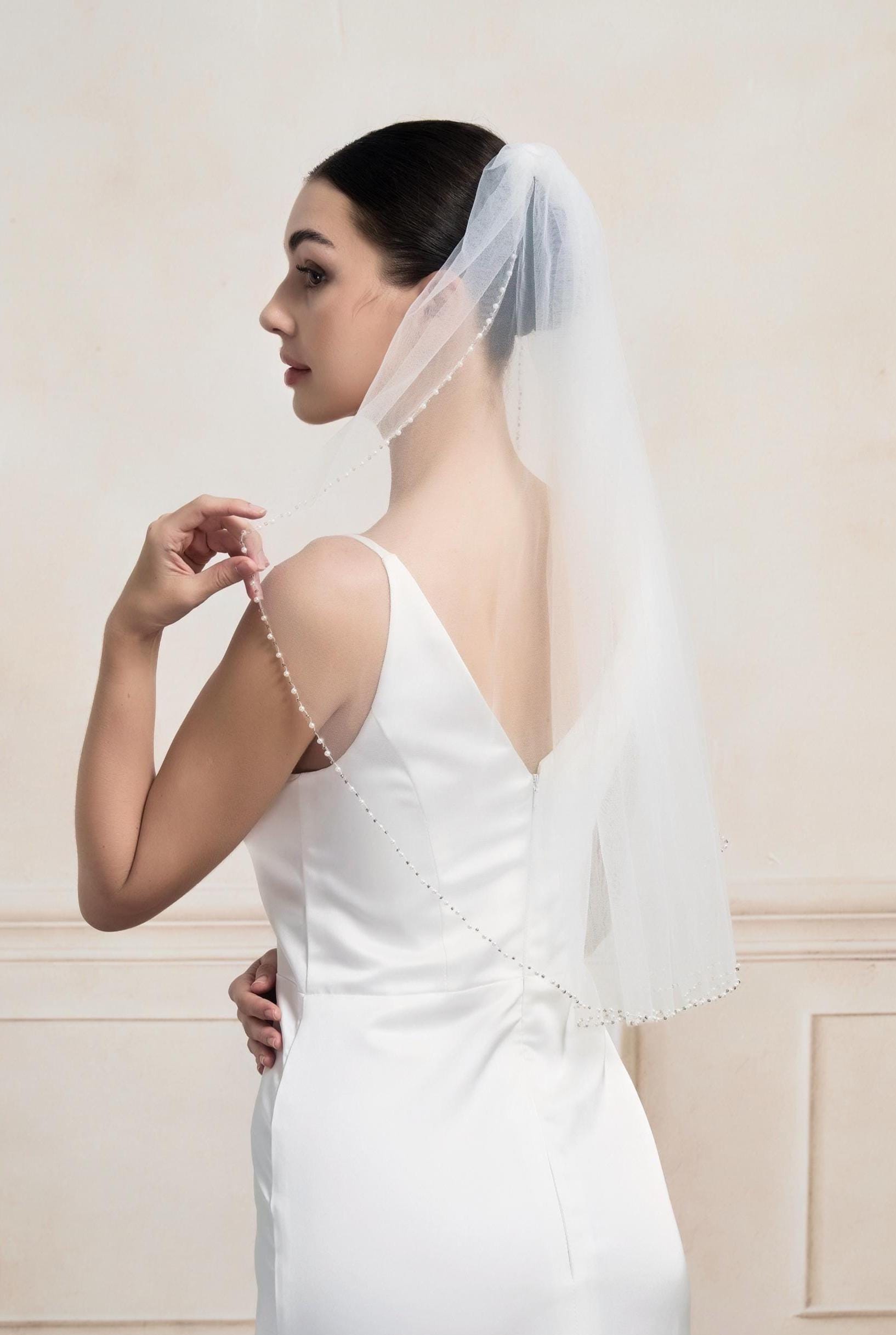 Short Pearl Beaded Wedding Veil perfect-bridal-ivory-single-  main image 4