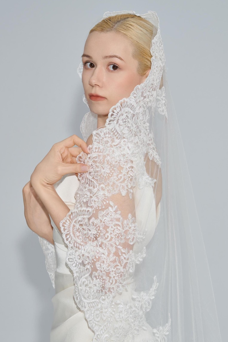 Chantilly Lace Cathedral Veil with Blusher, Long Mantilla Wedding Veil