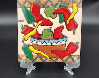 Vintage "Earthtones" chili peppers hand painted ceramic art tile 1999