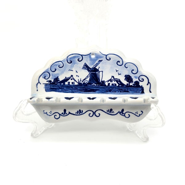 Cintre vintage cuillère en céramique hollandaise de Delft Blauw avec moulin à vent et coeurs