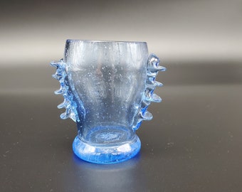 unique vintage handblown shot glass -tiny vase - with blue bubbles and fins