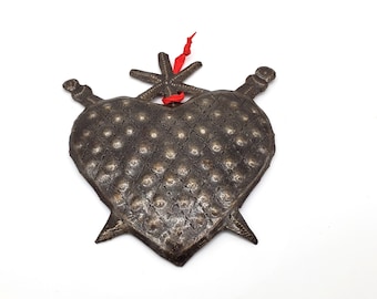 vintage handmade metal heart milagro - valentine heart shield with swords- protector, strength