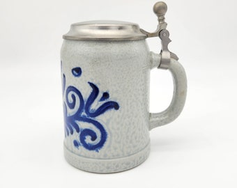 vintage West German pottery & tin beer stein with cobalt blue floral scrolls