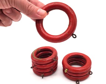 set of 8 vintage 1940s-1950s lipstick red painted wood curtain rings