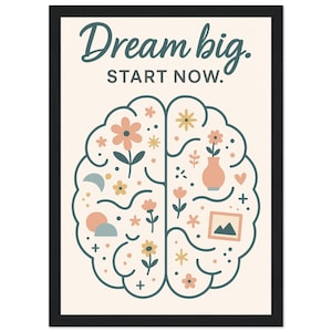 Poster "Sogna in Grande, Inizia Ora" - Arte murale ispiratrice con fiori e illustrazione del cervello | Stampa motivazionale per casa o ufficio