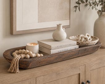 Hand Carved Wooden Dough Bowl, Rustic Farmhouse Table Centerpiece, Natural Wood Decor