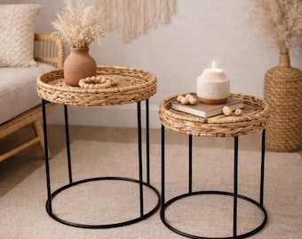 Water Hyacinth Side Table Set of 2 Nesting Round End Tables