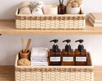 Woven Storage Basket Set, Rectangular Organizer, Natural Shelf Drawer Tray
