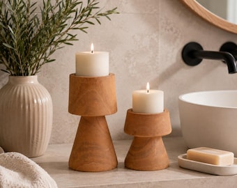 Set of 2 Wooden Candle Holders, Rustic Farmhouse Natural Wood Candlesticks