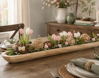 Long Wooden Dough Bowl Centerpiece: 40 Inch Farmhouse Table Decor, Rustic Wood Tray