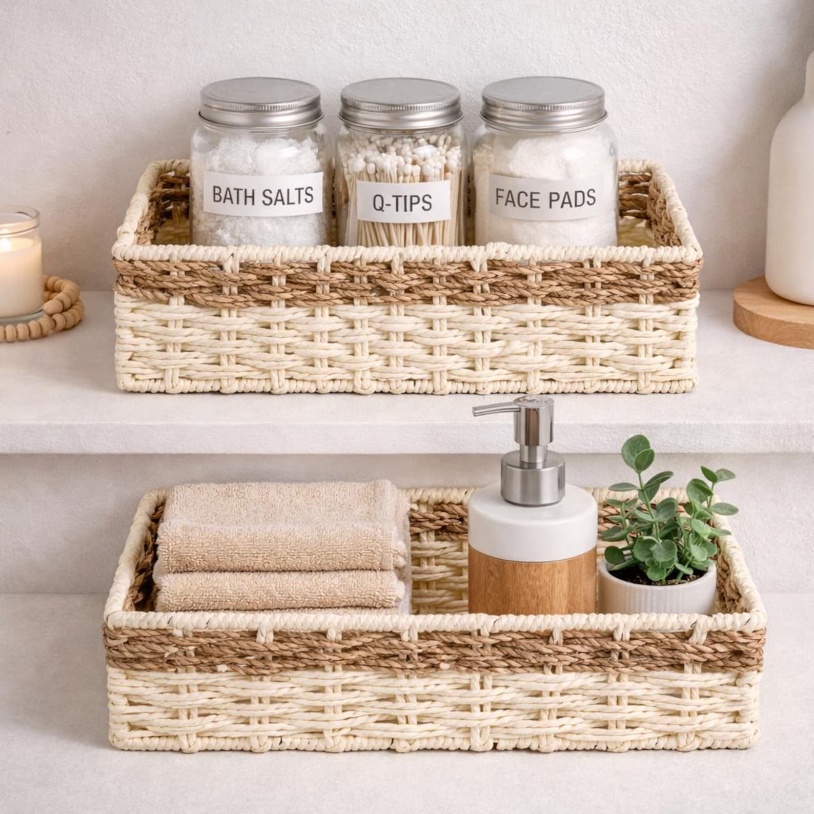 Woven Storage Basket Set, Rectangular Organizer, Natural Shelf Drawer ...