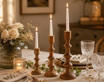 Set of 3 Handmade Acacia Wood Candle Holders, Rustic Farmhouse Boho Decor