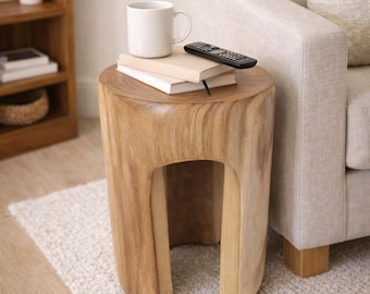 Small Solid Wood Tree Stump Side Table 17.8"H Rustic Round End Table