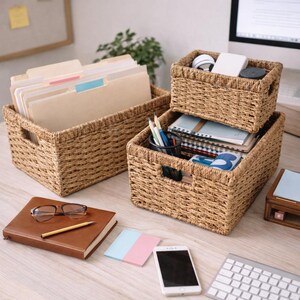 Peut inclure: Trois paniers de rangement en osier tress&eacute; de diff&eacute;rentes tailles, remplis de fournitures de bureau. Le plus grand panier contient des dossiers. D'autres paniers contiennent des cahiers, des stylos et des accessoires &eacute;lectroniques. Un carnet en cuir marron, des lunettes et un smartphone sont &eacute;galement visibles.