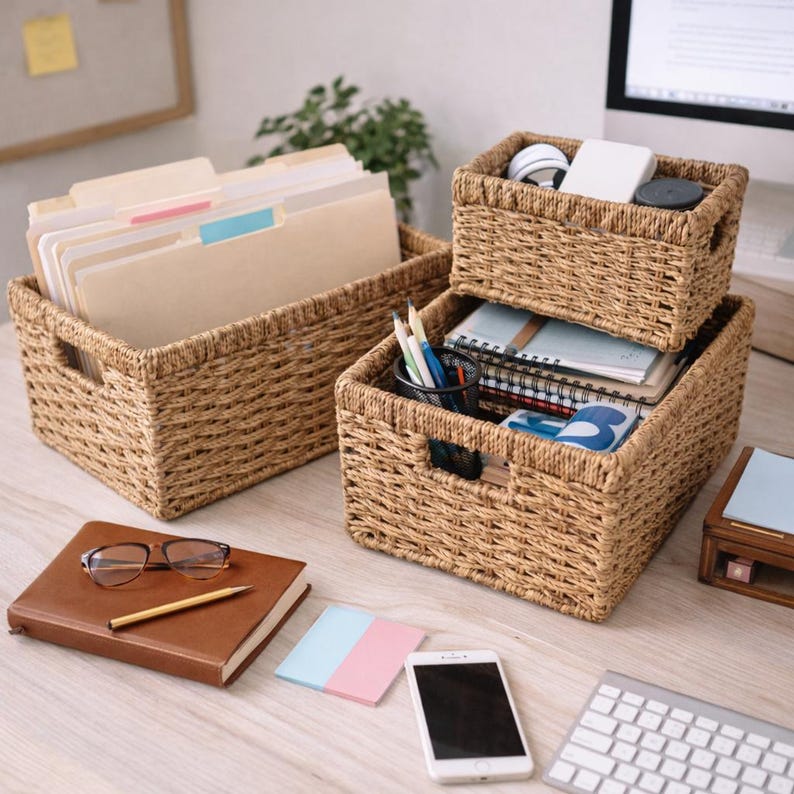 Peut inclure: Trois paniers de rangement en osier tress&eacute; de diff&eacute;rentes tailles, remplis de fournitures de bureau. Le plus grand panier contient des dossiers. D'autres paniers contiennent des cahiers, des stylos et des accessoires &eacute;lectroniques. Un carnet en cuir marron, des lunettes et un smartphone sont &eacute;galement visibles.