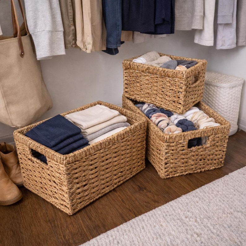 Peut inclure: Trois paniers de rangement rectangulaires en osier dans un placard. Les paniers sont remplis de v&ecirc;tements pli&eacute;s et de chaussettes. Les paniers sont en osier brun clair. Le placard contient des v&ecirc;tements suspendus et un tapis blanc.