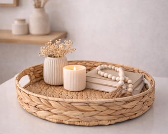 Handwoven Water Hyacinth Tray – 17.7" Round Boho Decor
