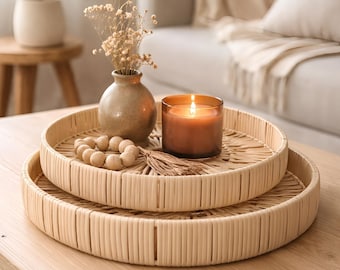 Rattan Tray Set of 2 Handwoven Natural Decorative Round Boho Home Decor
