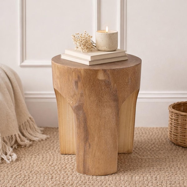 Solid Wood Side Table 15.8"H Round Rustic Accent End Table Small Nightstand