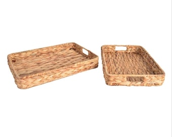 Handwoven Water Hyacinth Tray Set – Rectangular Wicker Coffee Table Decor