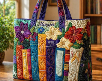 Borsa tote trapuntata personalizzata per amanti dei libri, borsa a tracolla per lettori, borsa tote personalizzata con nome, regalo fatto a mano per lettrici, regalo per la festa della mamma