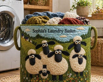 Cesto portabiancheria trapuntato con motivo a pecorelle, grazioso cesto portabiancheria in stile rustico, cesto portaoggetti per la cameretta, organizer per la stanza dei bambini, contenitore per coperte e giocattoli, regalo decorativo a tema pecorelle