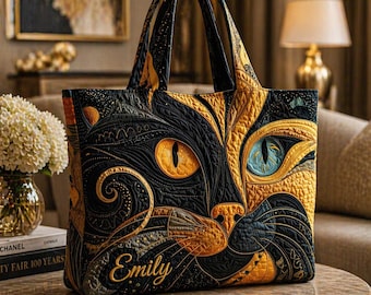 Gepersonaliseerde kat gewatteerde draagtas, aangepaste naam kattenliefhebber cadeau, zwartgouden kat draagtas, unieke kitty tas, huisdier moeder cadeau, kat moeder cadeau voor vrouwen