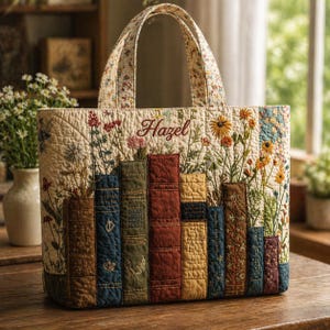 Puede incluir: Bolso tote acolchado con diseños florales y de libros. El bolso beige presenta flores bordadas y una fila de libros coloridos y texturizados. El nombre "Hazel" está bordado en cursiva. Las asas y el borde superior tienen un estampado floral.