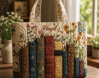 Bolso de mano acolchado con diseño de libro vintage personalizado, bolso de hombro floral para biblioteca, regalo personalizado para lectoras, regalo para mujeres lectoras, bolsa de regalo