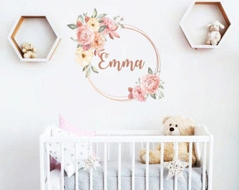 Custom Name Wall Decals/ Peony Decal/ Frame with Flowers Decals/ Flower Decals/ Nursery Stickers/ Girl Stickers/ Baby Decals / Floral Decals