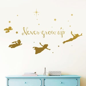 Never Grow Up - Peter Pan Wall Decal, Tinkerbell Wall Decal, Peter Pan Wall Sticker, Disney Decal, Stars Decal, Nursery, Kids  rta1902