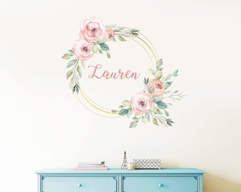 Custom Name Wall Decals/ Peony Decal/ Frame with Flowers Decals/ Flower Decals/ Nursery Stickers/ Girl Stickers/ Baby Decals / Floral Decals