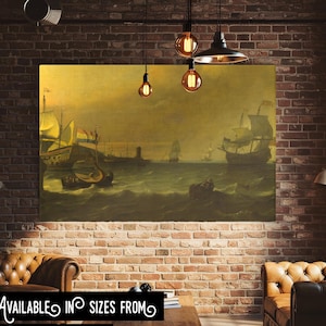 Dutch Men-of-war entering a Mediterranean Port canvas art print featuring golden age naval ships in sunset harbor with classical seascape