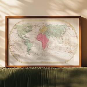 Mappe Monde 1782 vintage world map wall canvas by Mathieu Albert Lotter French antique chart decor for home office library or study