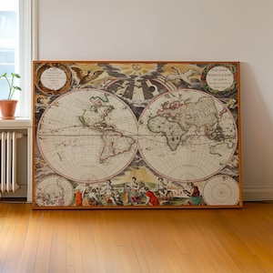 1681年 ピーター・グースの世界地図 キャンバスプリント ヴィンテージ 地球儀 二重半球 アンティーク地図 壁アート オフィス 書斎 図書館用装飾