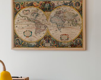 New Map of the World canvas wall art from Hendrik Hondius and Jan Jansson's Atlas Novus Amsterdam 17th century historical print