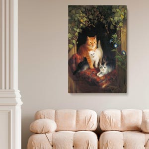Cat with Kittens Canvas Wall Art - Henriëtte Ronner 1844 Vintage Animal Painting Featuring Mother Cat and Playful Kittens for Office Decor
