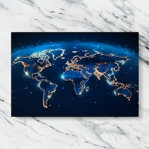 Digitaal verlichte wereldkaart muurcanvas met gloeiende wereldwijde verbindingen en modern blue-earth-ontwerp voor op technologie geïnspireerde woning of kantoor