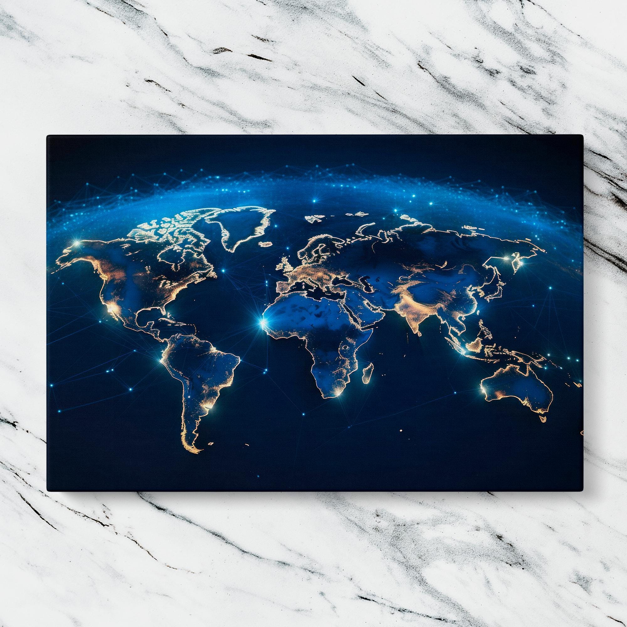 Digital Illuminated World Map Wall Canvas With Glowing Global