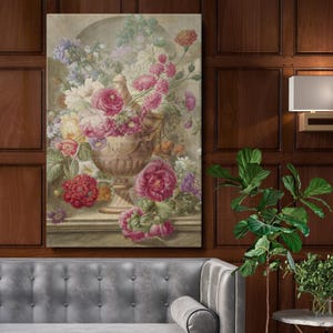 May include: A vintage-style painting of a large, ornate vase filled with pink, white, and red flowers. The vase is decorated with intricate details and sits on a table with a light brown background.