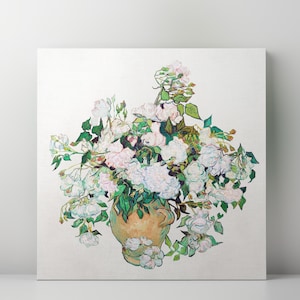Van Gogh-Inspired Vase with Roses Canvas Wall Art - Vintage Floral Design, Elegant Wall Decor for Artistic Home or Bedroom