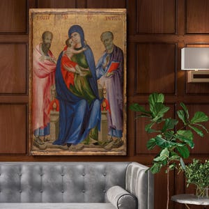 Virgin and Child with Saints Peter and Paul Framed Canvas – Classic Religious Art Print, Catholic Renaissance Painting for Church Decor