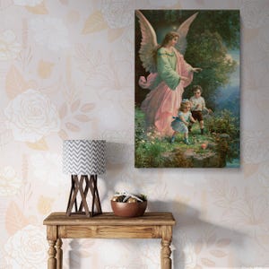 Guardian Angel Vintage Canvas Wall Art – 1914 Angelic Illustration, Religious Artwork for Nursery, Bedroom, Home, or Office Décor