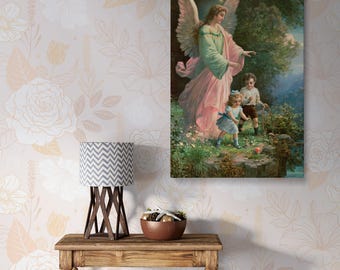 Vintage canvas muurkunst beschermengel – 1914 engelachtige illustratie, religieus kunstwerk voor kinderkamer, slaapkamer, huis of kantoor