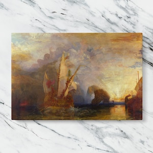 May include: A painting depicting a ship sailing through a dramatic, golden sunset. The ship is surrounded by clouds and mist, and the water is a deep blue. The painting is full of movement and energy, capturing the beauty of the natural world.