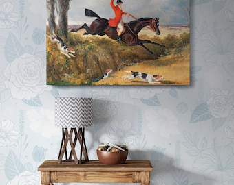 Foxhunting: Clearing a Ditch Canvas Wall Art – John Frederick Herring Equestrian Painting, Vintage Hunting Print for Office, or Study Décor