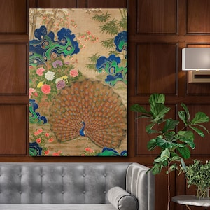 Chinese Peacock and Flowers Canvas Wall Print – 17th Century Vintage Oriental Art, Traditional Asian Decor for Office, or Meditation Space