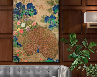 Chinese Peacock and Flowers Canvas Wall Print – 17th Century Vintage Oriental Art, Traditional Asian Decor for Office, or Meditation Space
