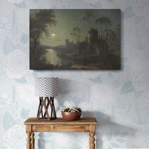 Moonlit River Scene Canvas Wall Print – Serene Landscape Artwork, Vintage Nature Painting for Living Room, Office, or Bedroom Wall Décor