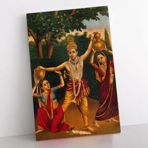 May include: A painting depicting a scene from Hindu mythology. A man with a crown and a garland of flowers stands in the center, holding a pot in each hand. Two women, also wearing traditional Indian clothing, stand on either side of him. The background is a lush green forest.